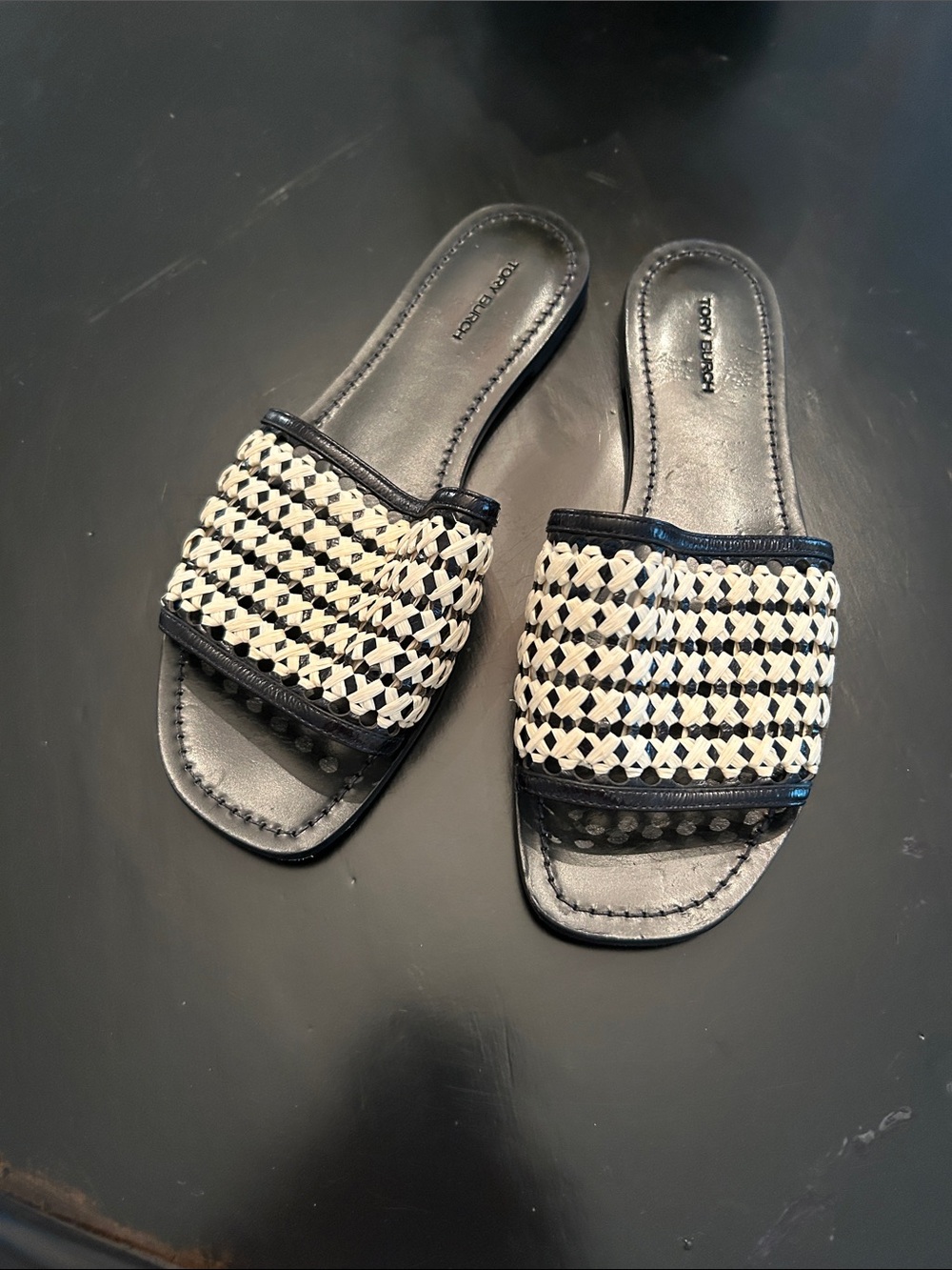 Tory Burch Black and Cream Woven Slide Mules